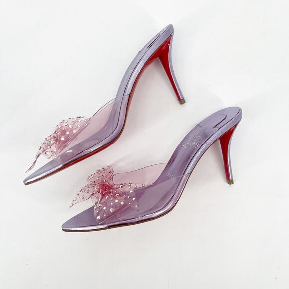 Christian Louboutin Aqua Strass 80 PVC Pink Crystal Bow Pointed Toe Mules EU 38 - Picture 4 of 10